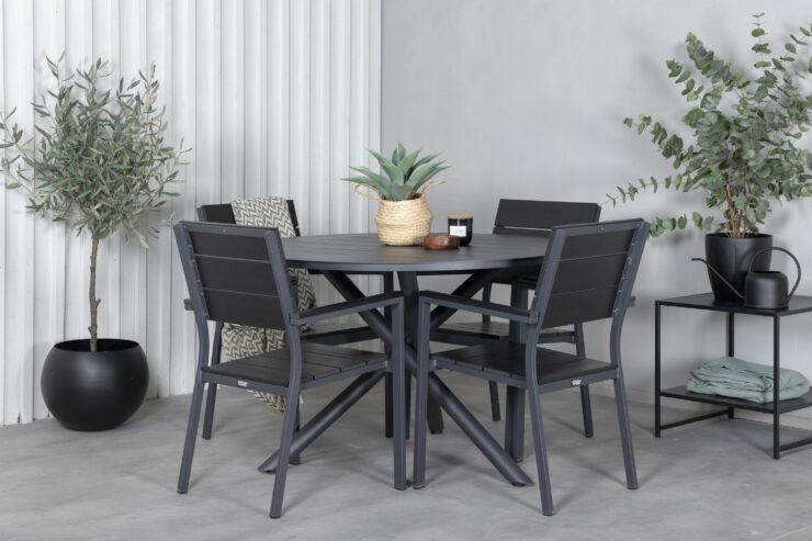 Alma, Levels – Ensemble repas – Noir – Table : ⌀120 Chaise : 59 x 89 x 57 cm