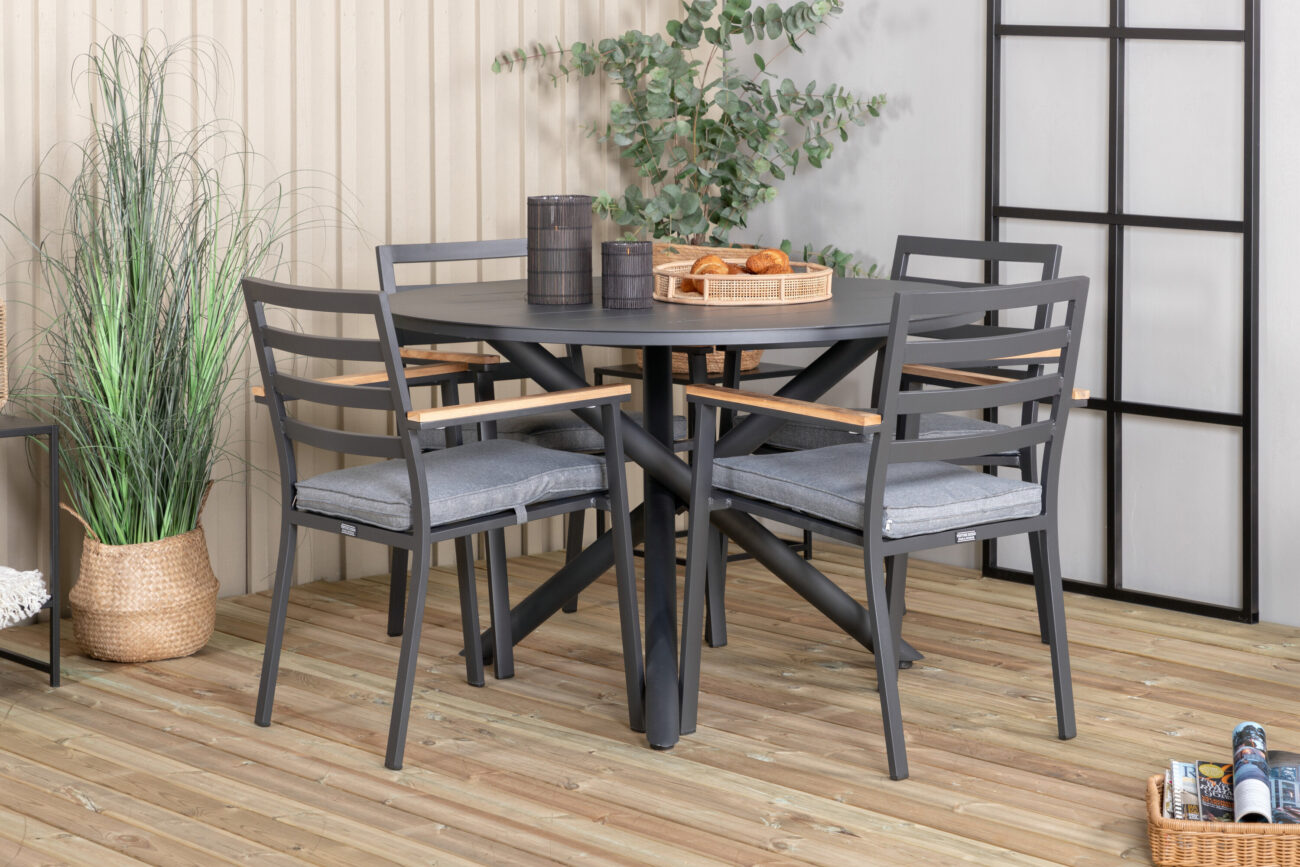 Alma, Brasilia – Ensemble repas – Noir – Table : ⌀120 Chaise : 60 x 89 x 56 cm