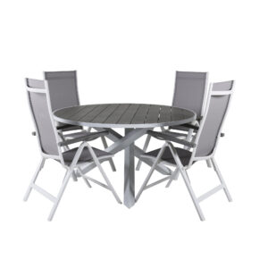 Parma, Albany – Ensemble repas – Gris – Table : ⌀140 Chaise : 67 x 109,5 x 59 cm