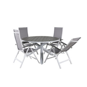 Parma, Albany – Ensemble repas – Gris – Table : ⌀140 Chaise : 67 x 109,5 x 59 cm
