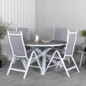 Parma, Albany – Ensemble repas – Gris – Table : ⌀140 Chaise : 67 x 109,5 x 59 cm