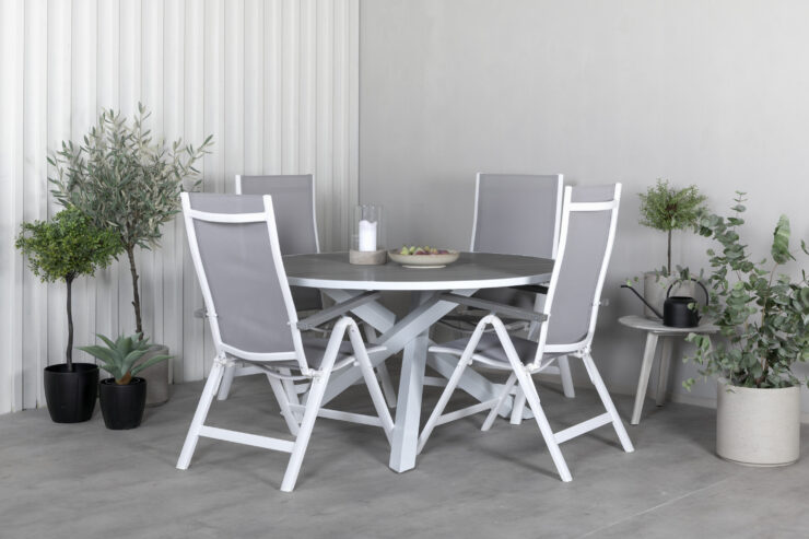 Parma, Albany – Ensemble repas – Gris – Table : ⌀140 Chaise : 67 x 109,5 x 59 cm