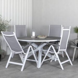 Parma, Albany – Ensemble repas – Gris – Table : ⌀140 Chaise : 67 x 109,5 x 59 cm