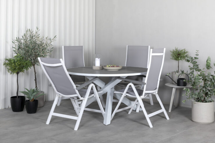 Parma, Albany – Ensemble repas – Gris – Table : ⌀140 Chaise : 67 x 109,5 x 59 cm