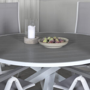 Parma, Albany – Ensemble repas – Gris – Table : ⌀140 Chaise : 67 x 109,5 x 59 cm