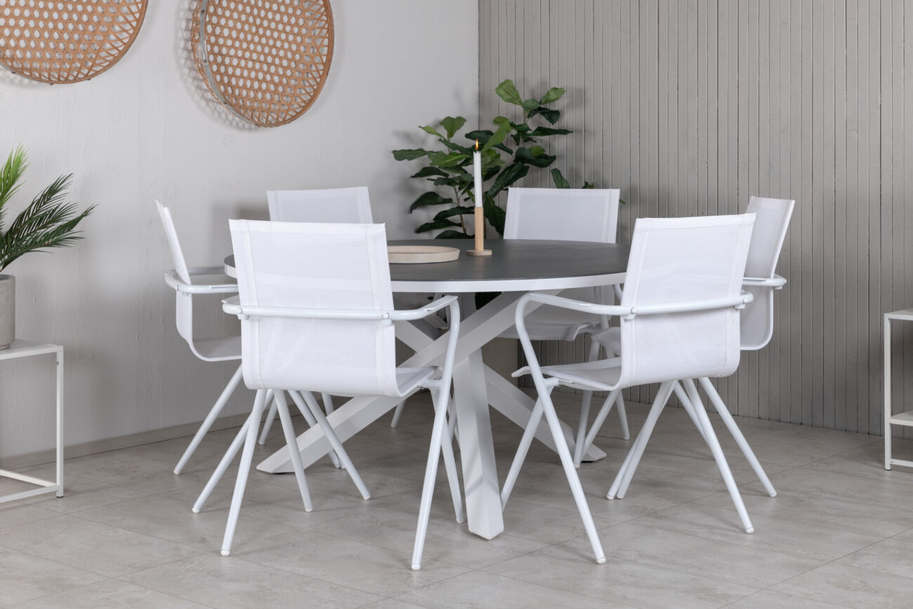 Copacabana, Alina – Ensemble repas – Gris – Table : ⌀140 Chaise : 63 x 86 x 58 cm