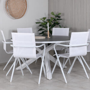 Copacabana, Alina – Ensemble repas – Gris – Table : ⌀140 Chaise : 63 x 86 x 58 cm
