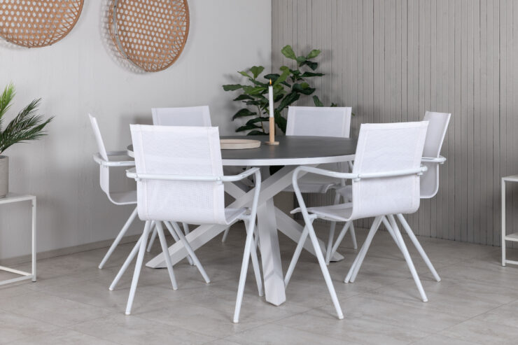 Copacabana, Alina – Ensemble repas – Gris – Table : ⌀140 Chaise : 63 x 86 x 58 cm