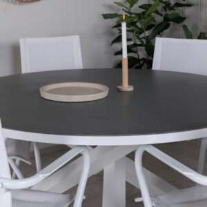 Copacabana, Alina – Ensemble repas – Gris – Table : ⌀140 Chaise : 63 x 86 x 58 cm