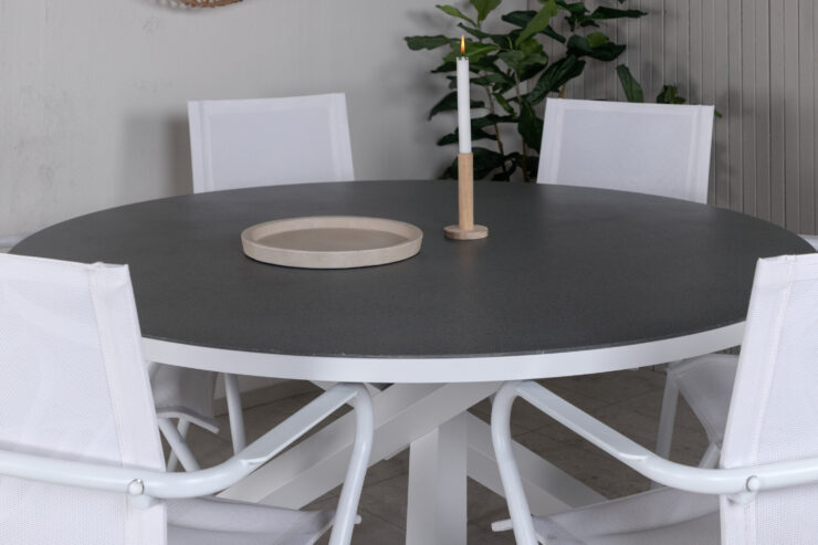 Copacabana, Alina – Ensemble repas – Gris – Table : ⌀140 Chaise : 63 x 86 x 58 cm