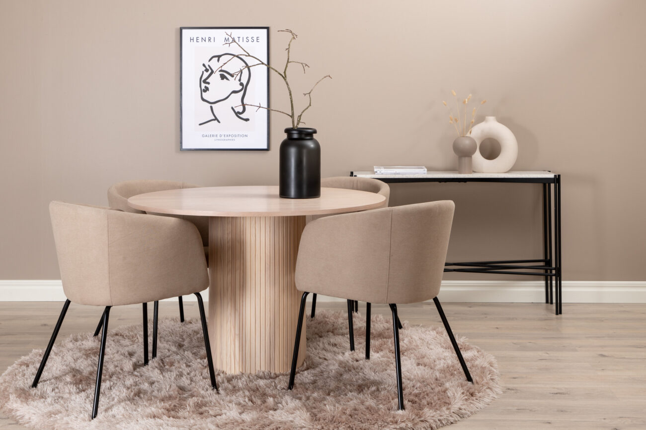 Bianca, Berit – Ensemble repas rond – Blanchi – Table : ⌀110 Chaise : 55 x 78 x 55 cm