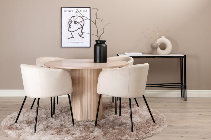 Bianca, Berit – Ensemble repas rond – Blanchi – Table : ⌀110 Chaise : 55 x 78 x 55 cm