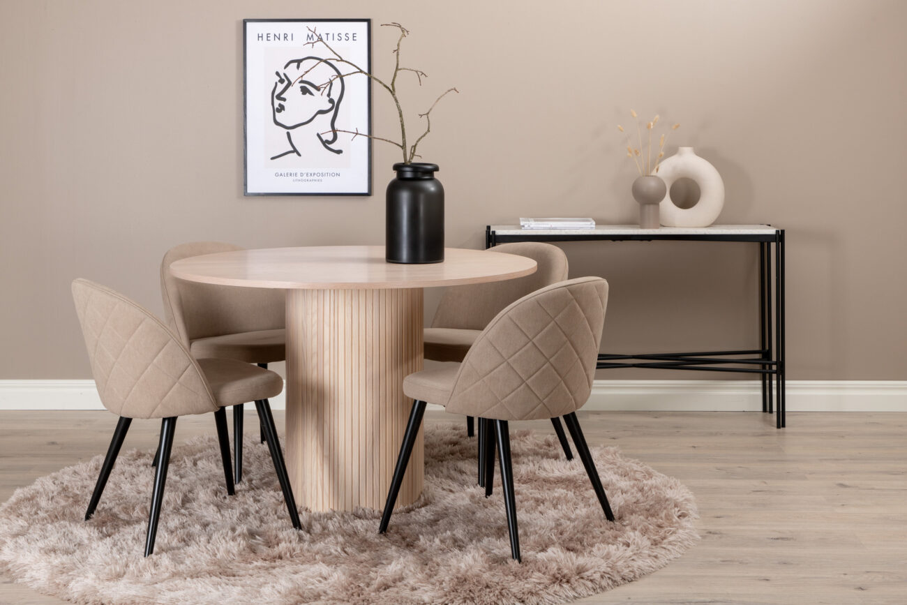 Bianca, Velvet – Ensemble repas rond – Blanchi – Table : ⌀110 Chaise : 57 x 76,5 x 50 cm
