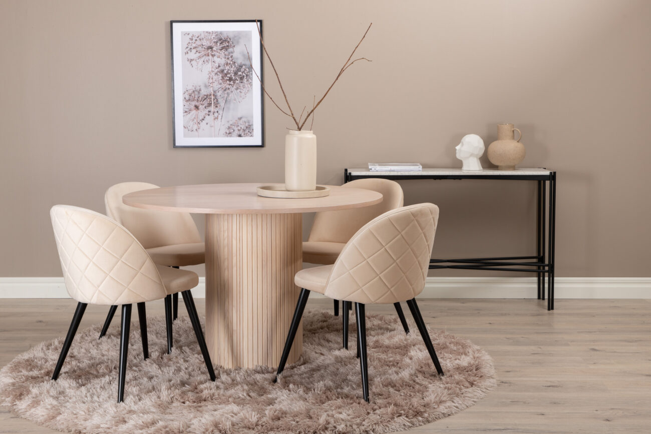 Bianca, Velvet – Ensemble repas rond – Blanchi – Table : ⌀110 Chaise : 57 x 76,5 x 50 cm