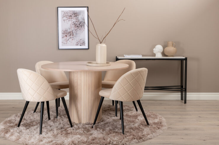 Bianca, Velvet – Ensemble repas rond – Blanchi – Table : ⌀110 Chaise : 57 x 76,5 x 50 cm
