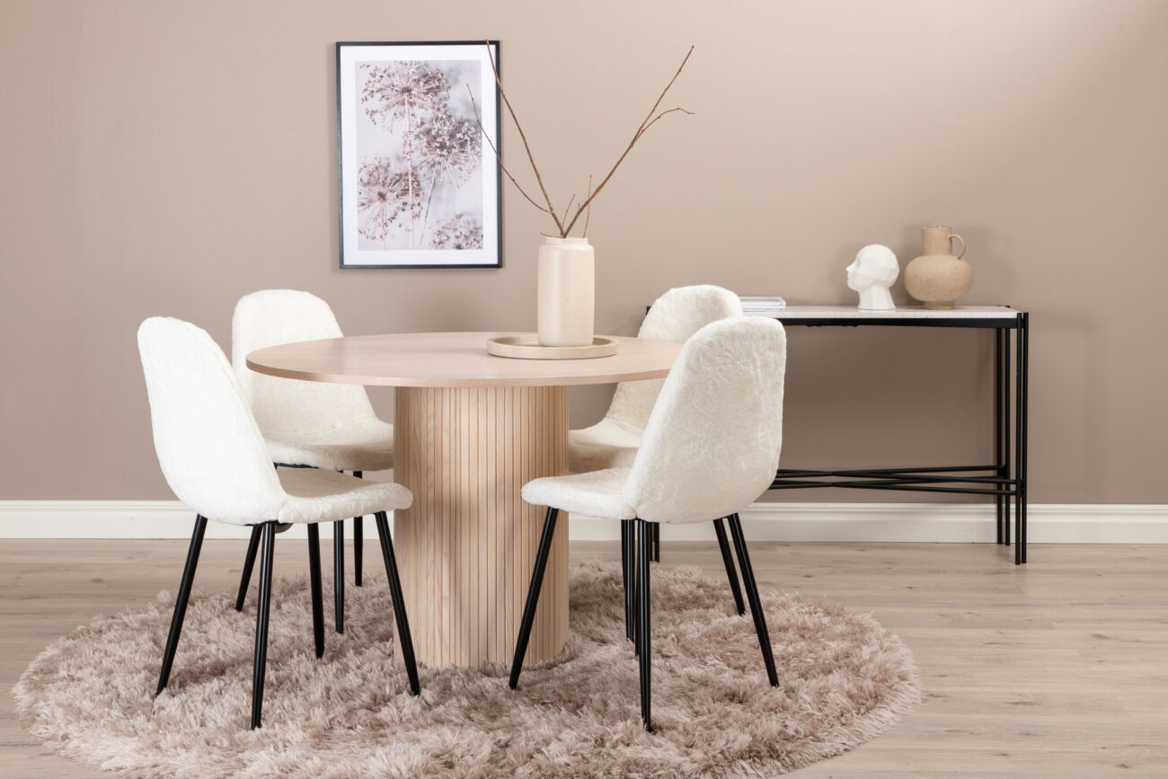 Bianca, Polar – Ensemble repas rond – Blanchi – Table : ⌀110 Chaise : 53 x 87 x 44 cm