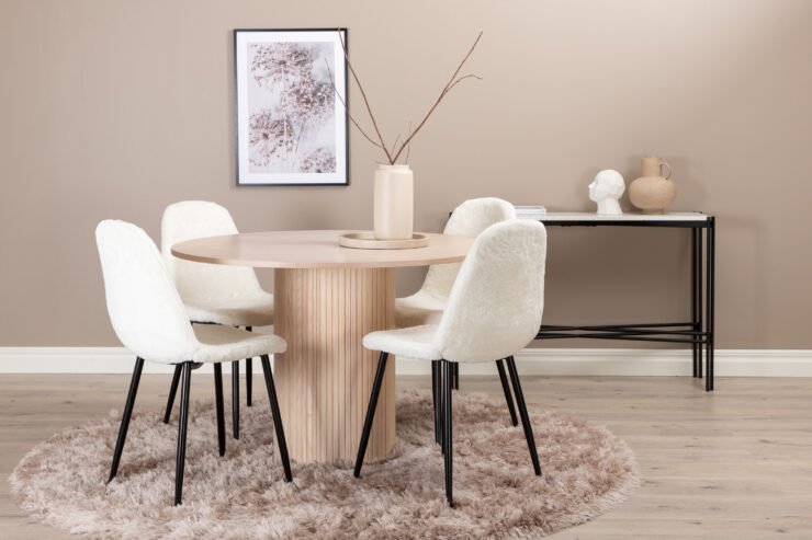 Bianca, Polar – Ensemble repas rond – Blanchi – Table : ⌀110 Chaise : 53 x 87 x 44 cm