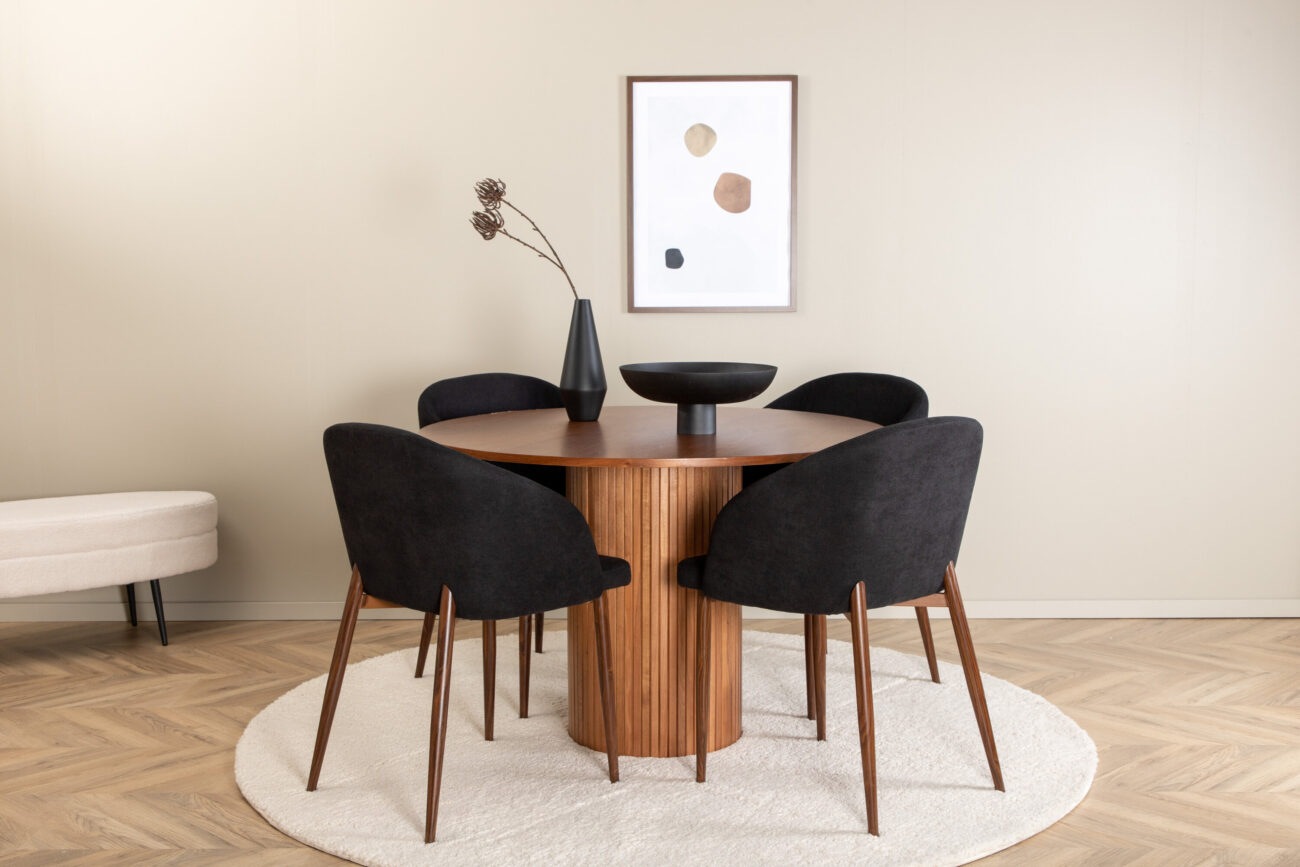 Bianca, Arch – Ensemble repas rond – Noyer – Table : ⌀110 Chaise : 55 x 83 x 48,5 cm