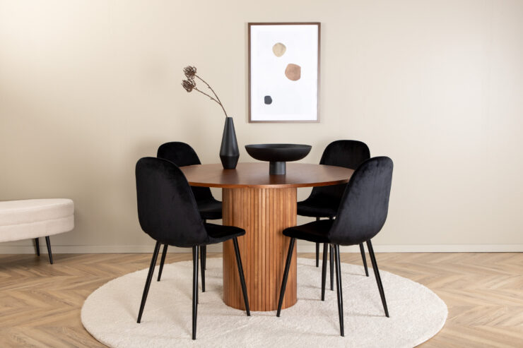 Bianca, Polar – Ensemble repas rond – Noyer – Table : ⌀110 Chaise : 53,3 x 88 x 42,5 cm