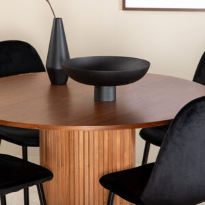 Bianca, Polar – Ensemble repas rond – Noyer – Table : ⌀110 Chaise : 53,3 x 88 x 42,5 cm