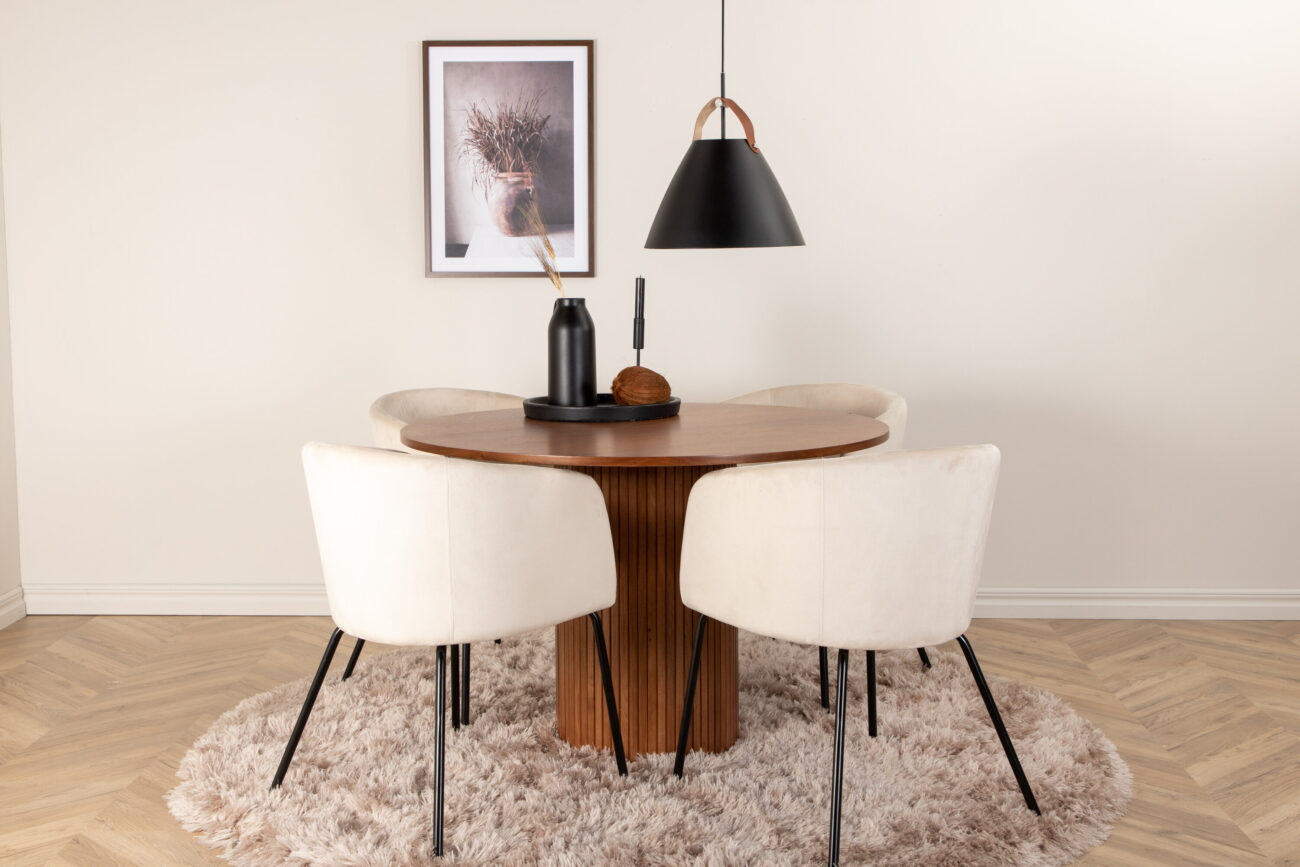 Bianca, Berit – Ensemble repas rond – Noyer – Table : ⌀110 Chaise : 55 x 78 x 55 cm