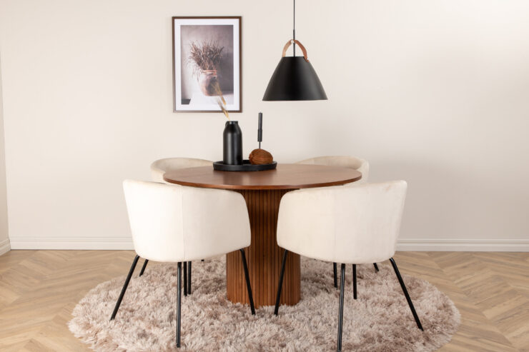 Bianca, Berit – Ensemble repas rond – Noyer – Table : ⌀110 Chaise : 55 x 78 x 55 cm