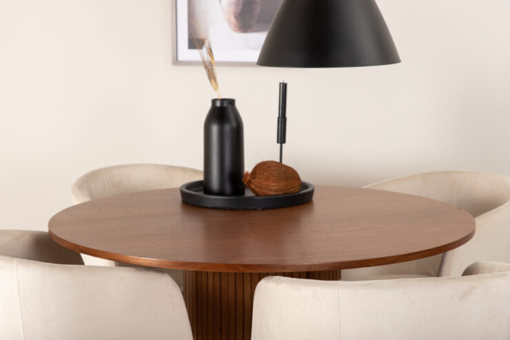 Bianca, Berit – Ensemble repas rond – Noyer – Table : ⌀110 Chaise : 55 x 78 x 55 cm