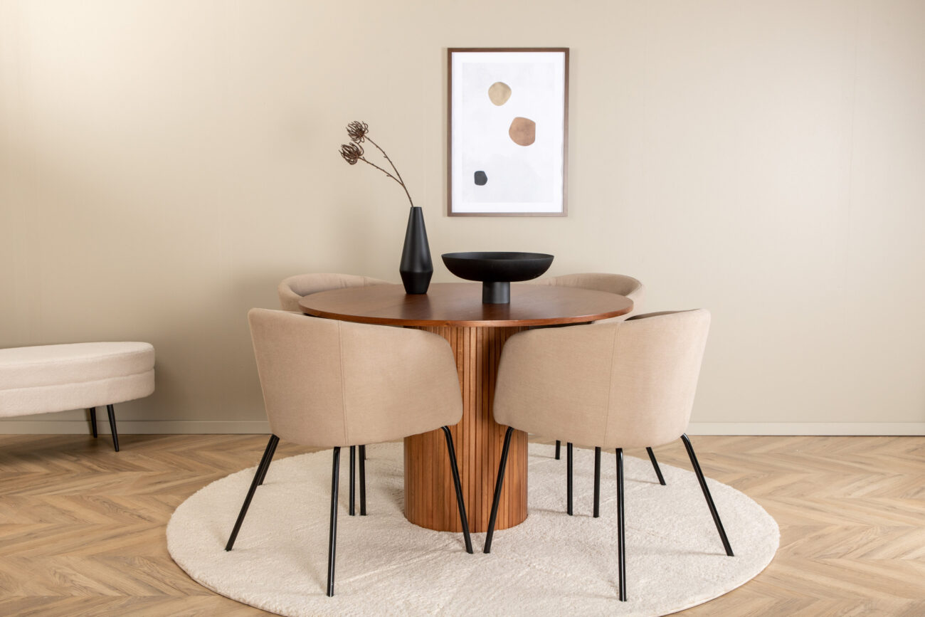Bianca, Berit – Ensemble repas rond – Noyer – Table : ⌀110 Chaise : 55 x 78 x 55 cm