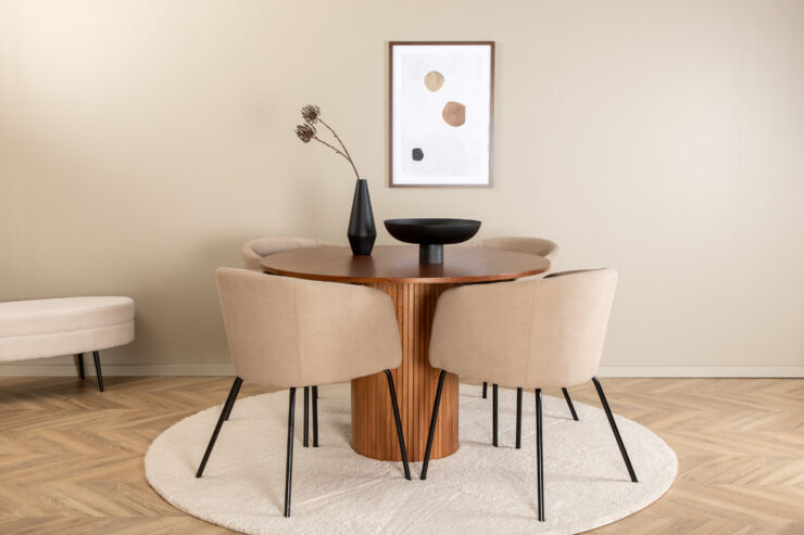 Bianca, Berit – Ensemble repas rond – Noyer – Table : ⌀110 Chaise : 55 x 78 x 55 cm