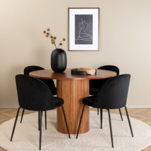 Bianca, Wrinkles – Ensemble repas rond – Noyer – Table : ⌀110 Chaise : 50 x 79,5 x 49 cm