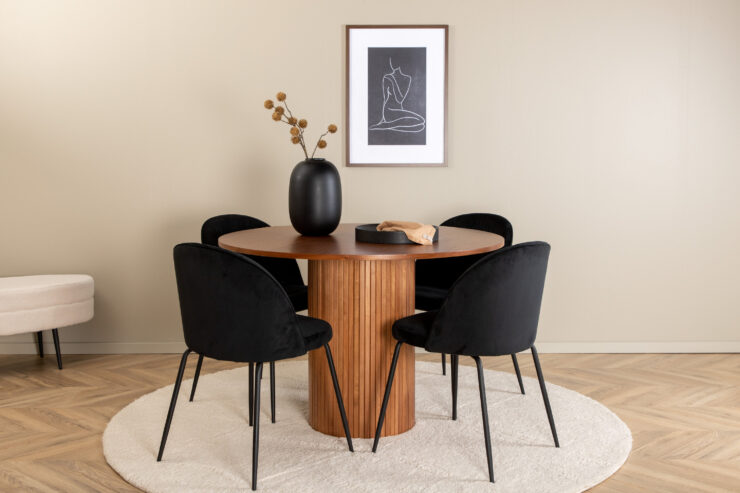Bianca, Wrinkles – Ensemble repas rond – Noyer – Table : ⌀110 Chaise : 50 x 79,5 x 49 cm