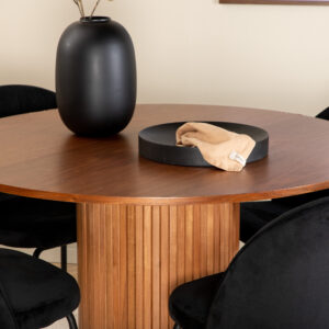 Bianca, Wrinkles – Ensemble repas rond – Noyer – Table : ⌀110 Chaise : 50 x 79,5 x 49 cm