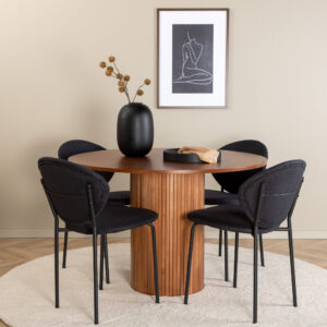 Bianca, Vault – Ensemble repas rond – Noyer – Table : ⌀110 Chaise : 61,5 x 80 x 46 cm