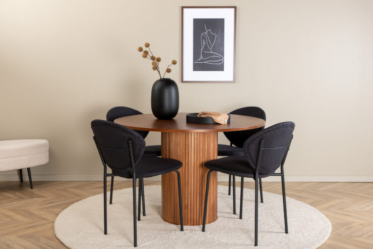 Bianca, Vault – Ensemble repas rond – Noyer – Table : ⌀110 Chaise : 61,5 x 80 x 46 cm