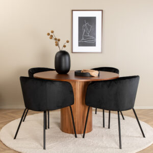 Bianca, Berit – Ensemble repas rond – Noyer – Table : ⌀110 Chaise : 55 x 78 x 55 cm
