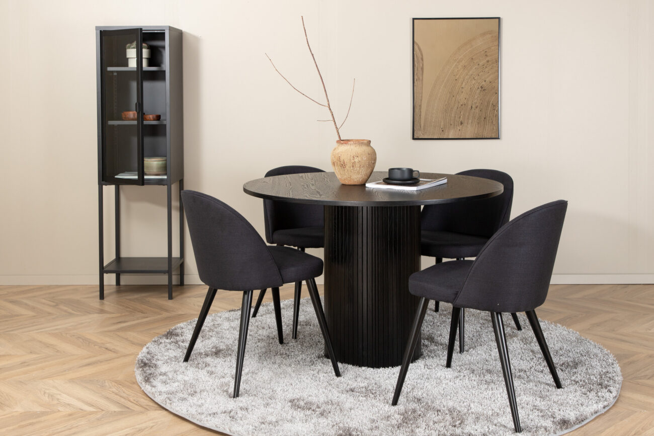 Bianca, Velvet – Ensemble repas rond – Noir – Table : ⌀110 Chaise : 57 x 76,5 x 50 cm