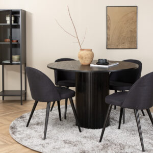 Bianca, Velvet – Ensemble repas rond – Noir – Table : ⌀110 Chaise : 57 x 76,5 x 50 cm