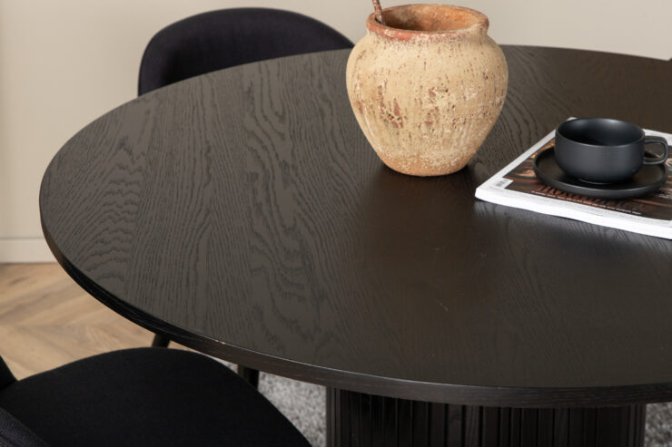Bianca, Velvet – Ensemble repas rond – Noir – Table : ⌀110 Chaise : 57 x 76,5 x 50 cm