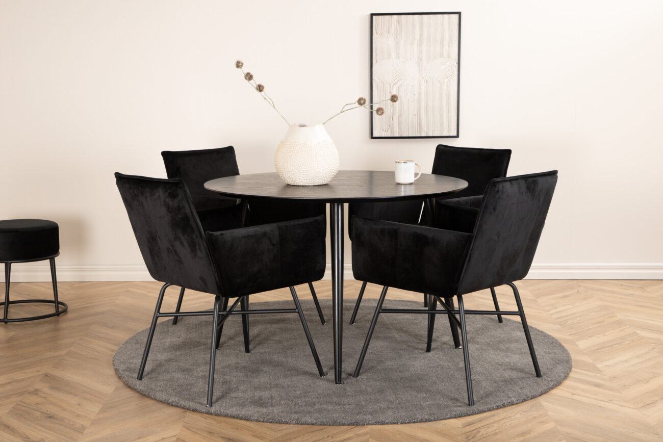 Dipp, Petra – Ensemble repas rond – Noir – Table : ⌀115 Chaise : 60 x 87 x 57 cm