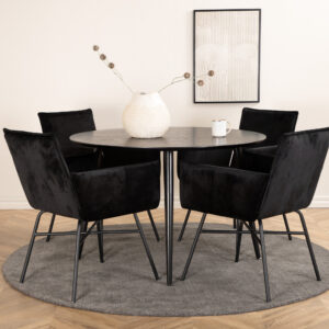 Dipp, Petra – Ensemble repas rond – Noir – Table : ⌀115 Chaise : 60 x 87 x 57 cm