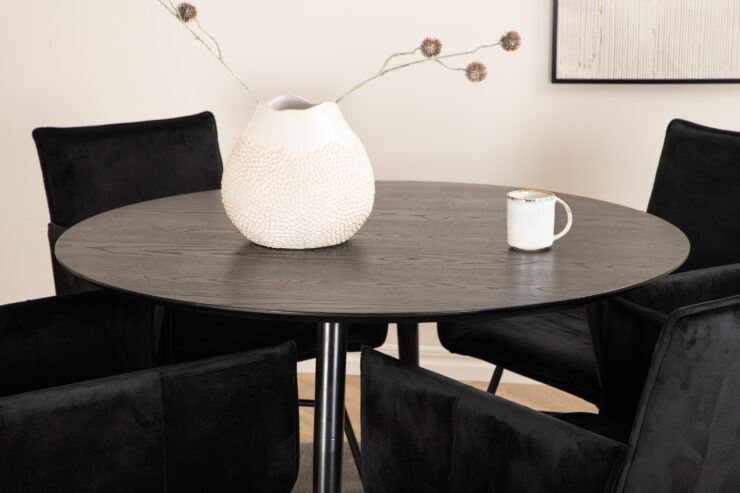 Dipp, Petra – Ensemble repas rond – Noir – Table : ⌀115 Chaise : 60 x 87 x 57 cm