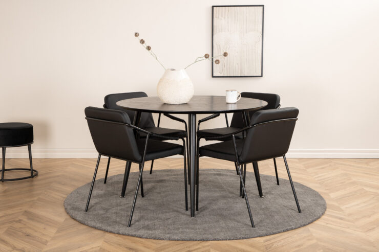Dipp, Tvist – Ensemble repas rond – Noir – Table : ⌀115 Chaise : 59 x 77 x 53 cm