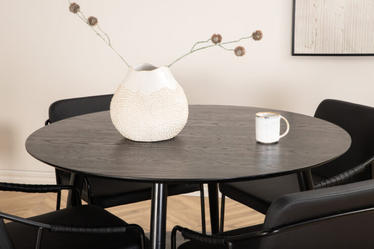 Dipp, Tvist – Ensemble repas rond – Noir – Table : ⌀115 Chaise : 59 x 77 x 53 cm