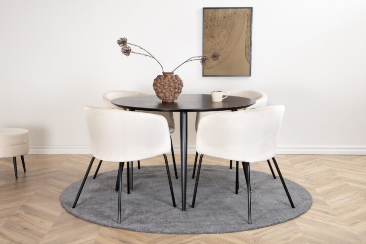 Dipp, Berit – Ensemble repas rond – Noir – Table : ⌀115 Chaise : 55 x 78 x 55 cm