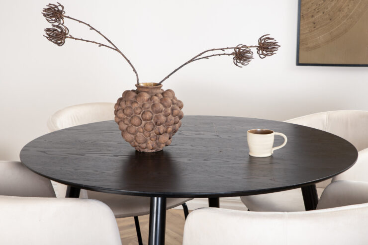 Dipp, Berit – Ensemble repas rond – Noir – Table : ⌀115 Chaise : 55 x 78 x 55 cm