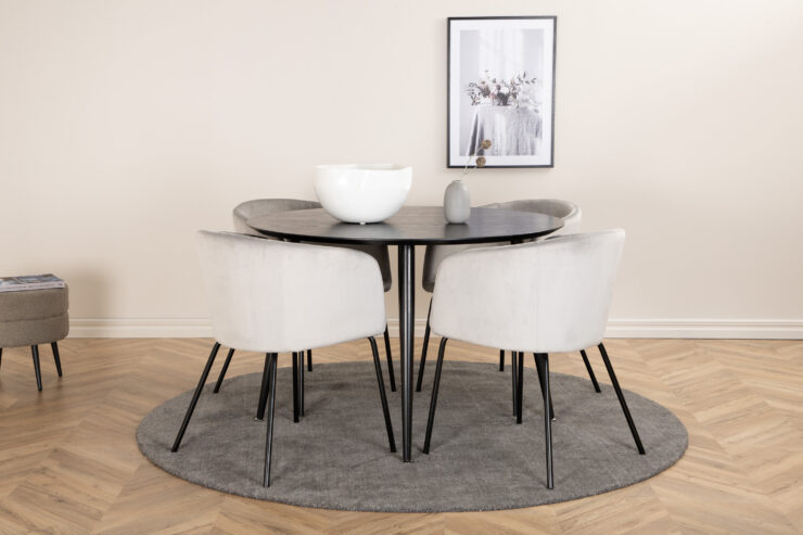 Dipp, Berit – Ensemble repas rond – Noir – Table : ⌀115 Chaise : 55 x 78 x 55 cm