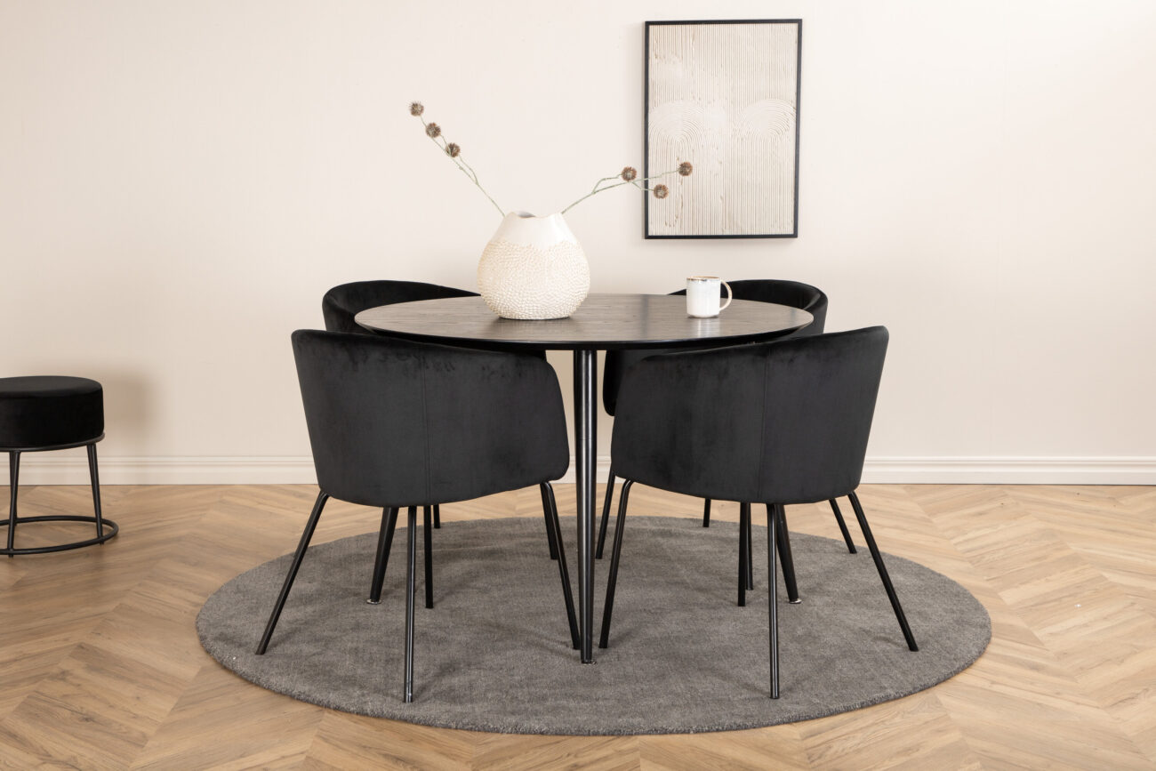 Dipp, Berit – Ensemble repas rond – Noir – Table : ⌀115 Chaise : 55 x 78 x 55 cm