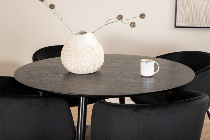Dipp, Berit – Ensemble repas rond – Noir – Table : ⌀115 Chaise : 55 x 78 x 55 cm