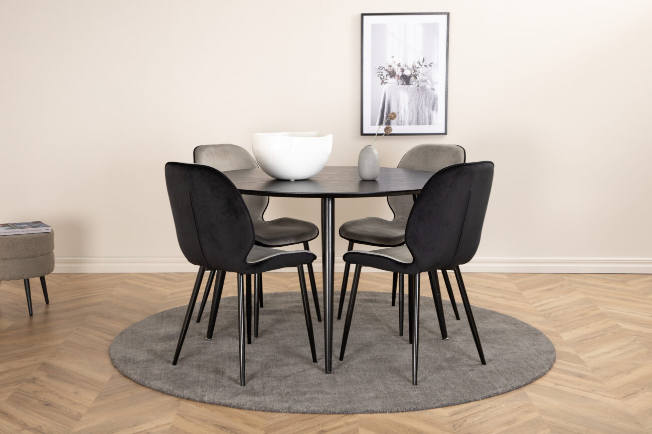 Dipp, Emma – Ensemble repas rond – Noir – Table : ⌀115 Chaise : 57 x 89 x 47 cm