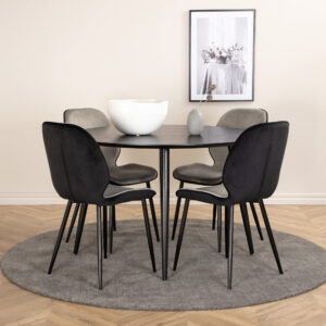 Dipp, Emma – Ensemble repas rond – Noir – Table : ⌀115 Chaise : 57 x 89 x 47 cm